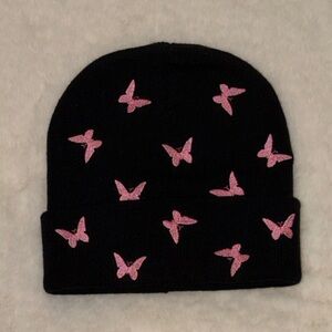 Black Beanie with Pink Butterflies